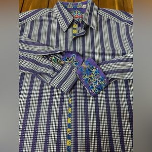 Robert Graham Flip Cuff Purple Blue Plaid Stripes Button Up Long Sleeve Mens 2XL